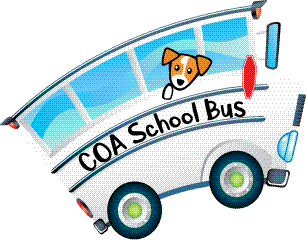 Tilted COA school bus illustration with dog peeking out window