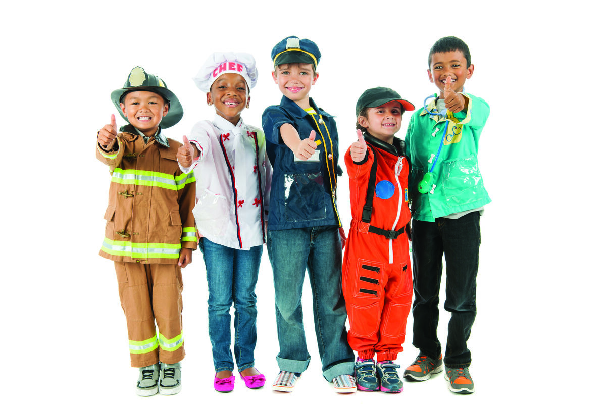 Five children dressed as community helpers giving thumbs up